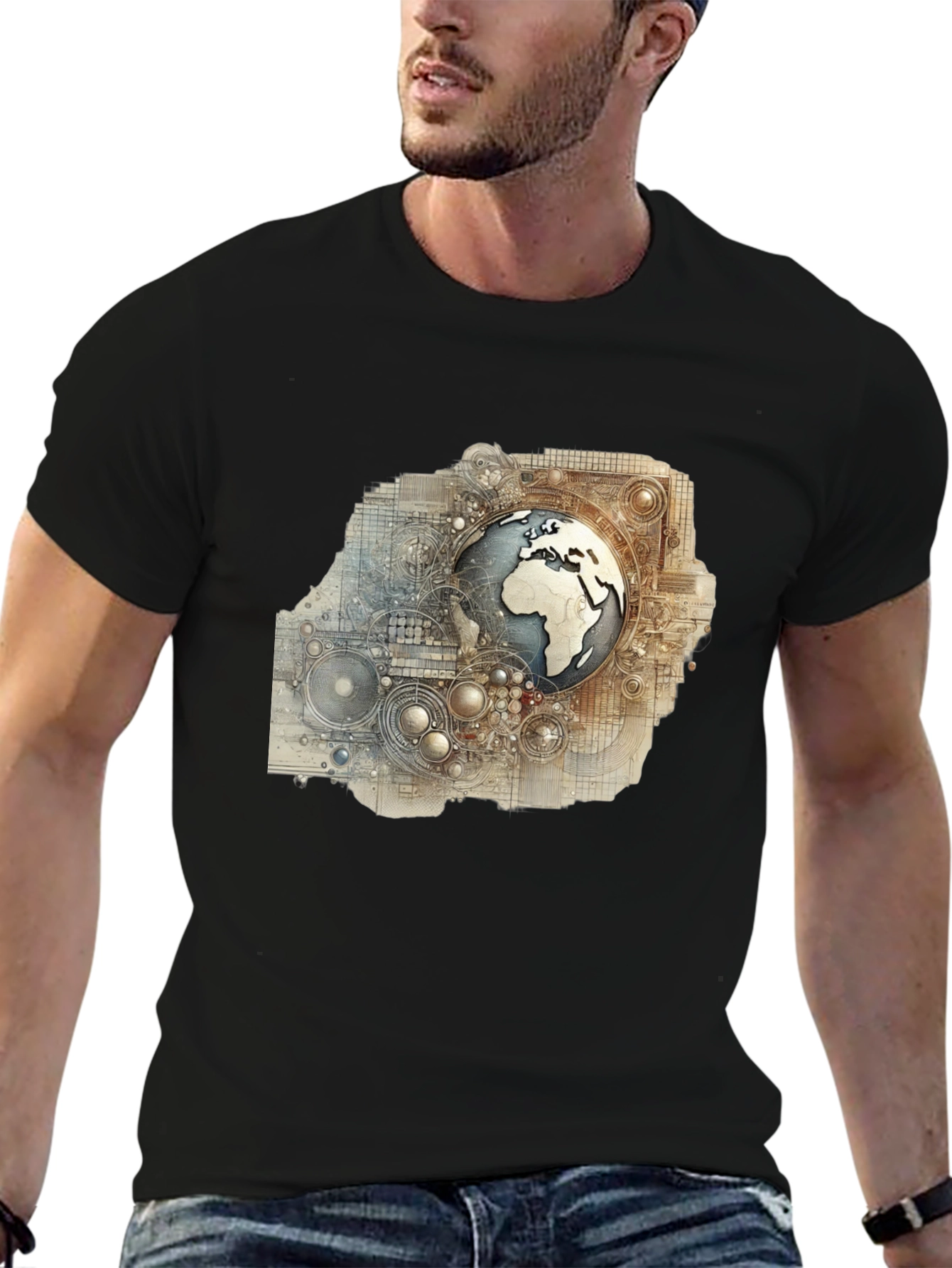 Globe Schematic Graphic Print Black Tee