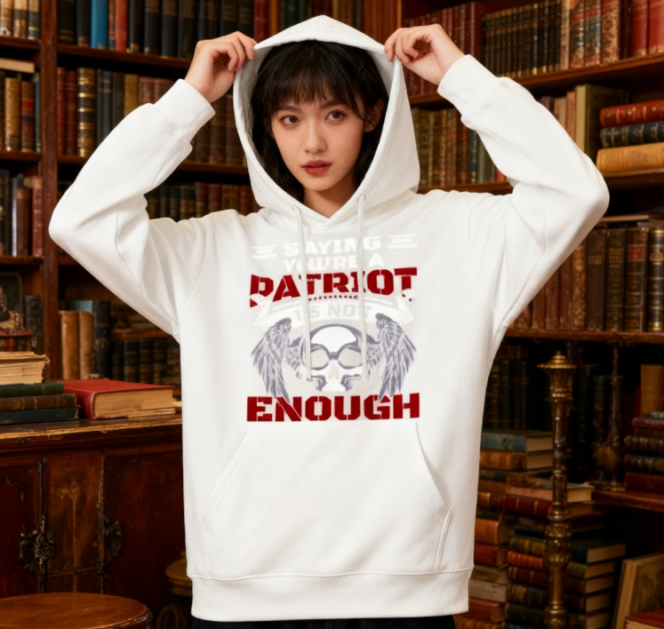 Say You're a Patriot Is Not Enough" Skull Graphic Hoodie - Unisex Edgy Streetwear Pullover (Black & White)