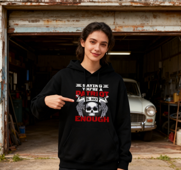 Say You're a Patriot Is Not Enough" Skull Graphic Hoodie - Unisex Edgy Streetwear Pullover (Black & White)