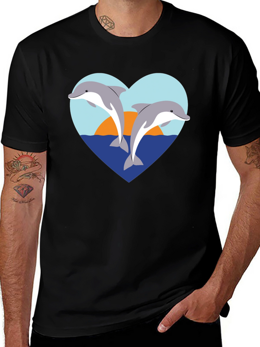 Dolphin Heart Graphic T-Shirt - Black Cotton Tee