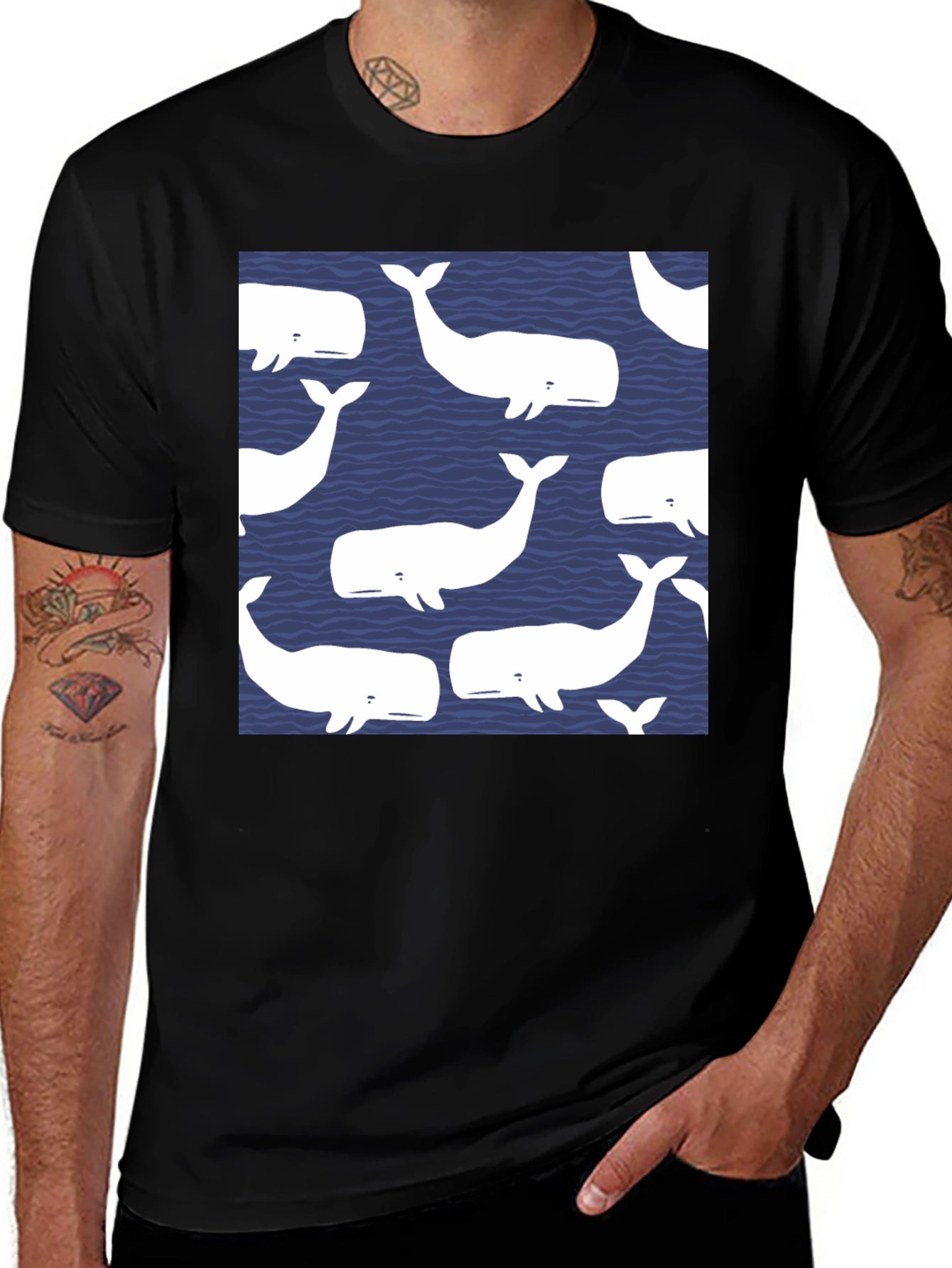 Whale Pattern Black T-Shirt