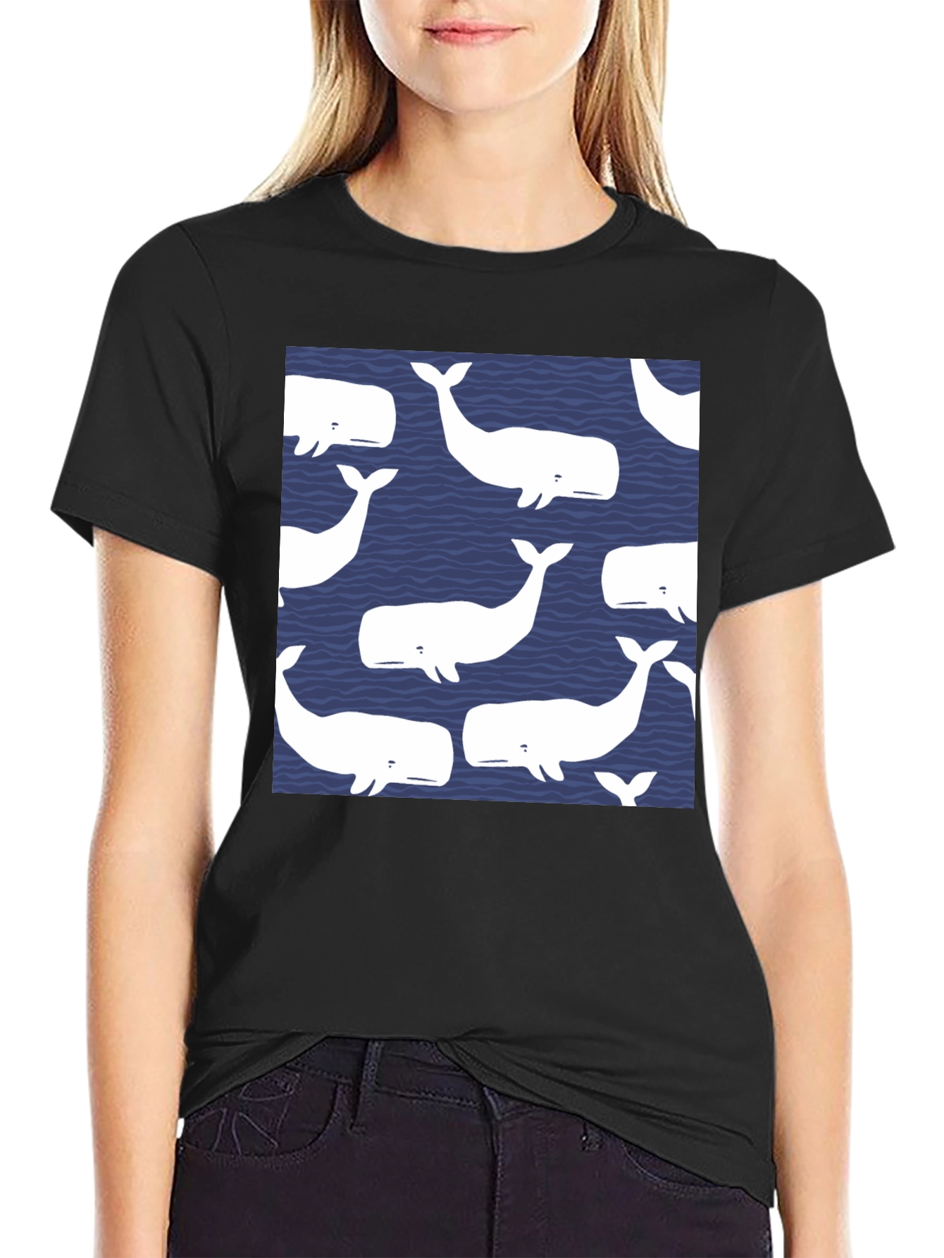 Whale Pattern Black T-Shirt
