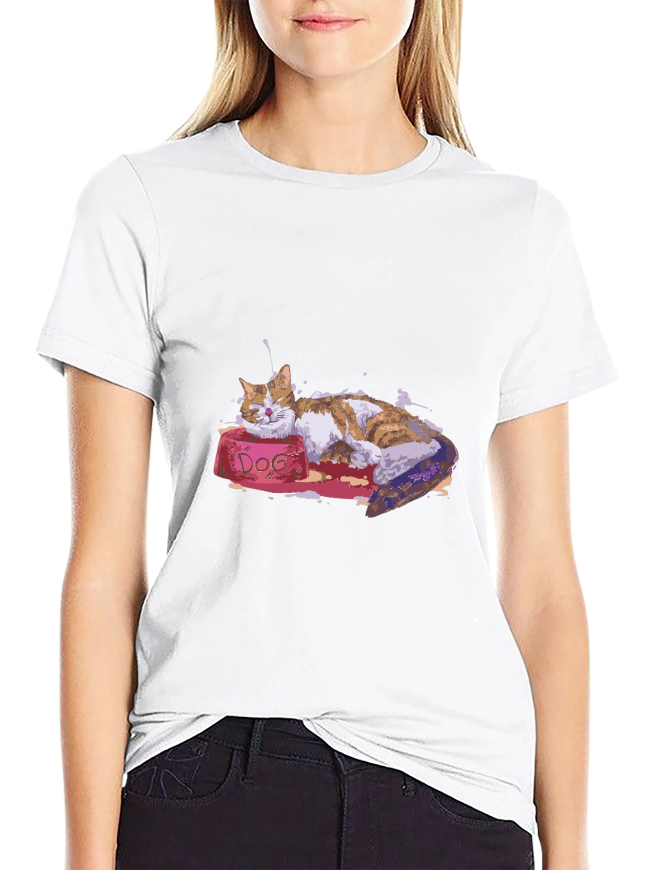 Cat Nap on DOG Bowl - Graphic T-Shirt