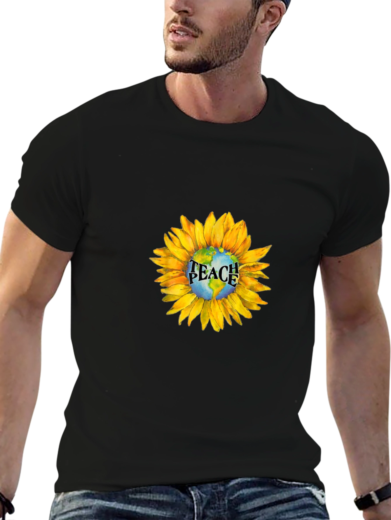 Peace Earth Sunflower Graphic Tee - Black