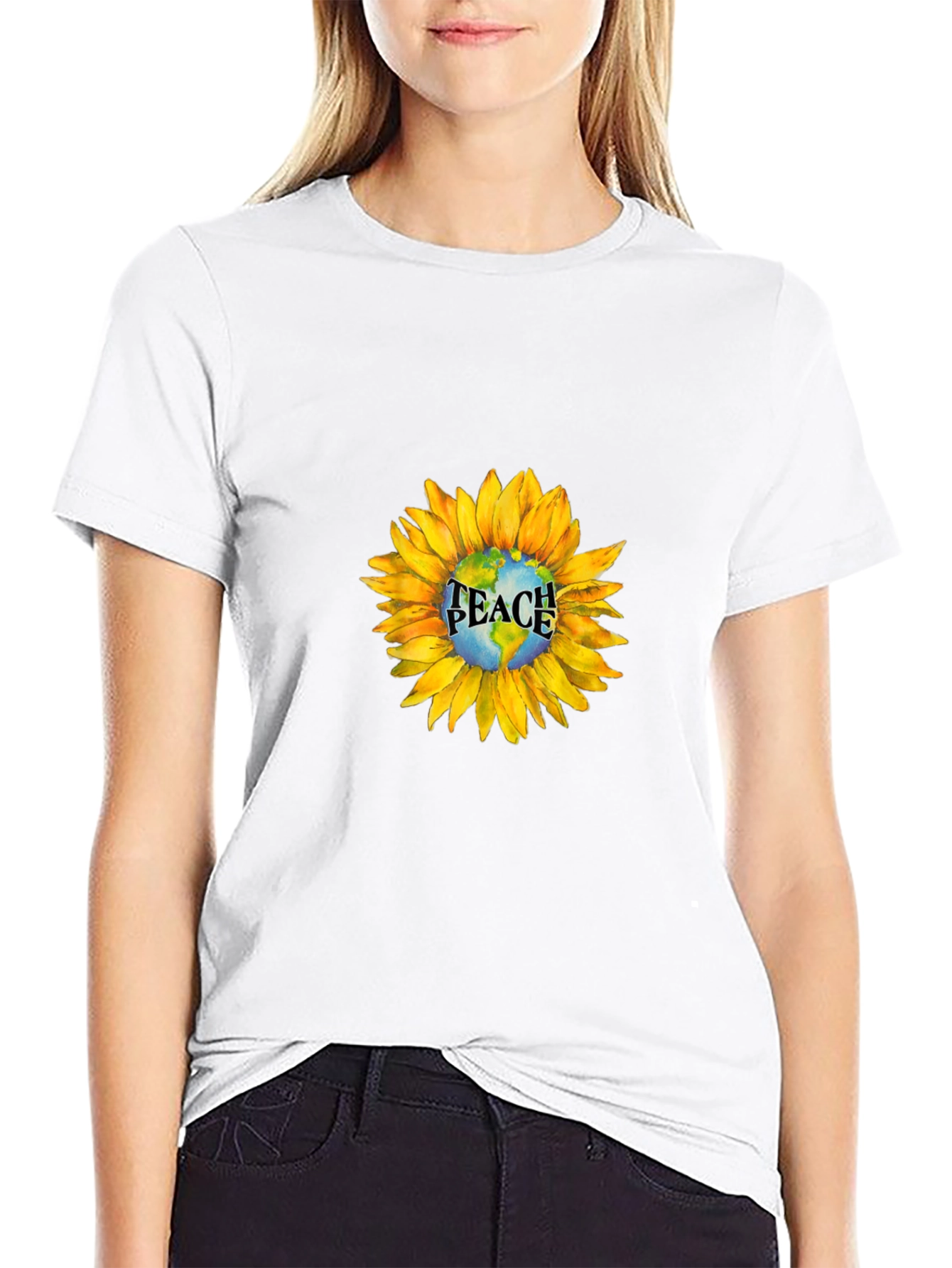 Peace Earth Sunflower Graphic Tee - Black