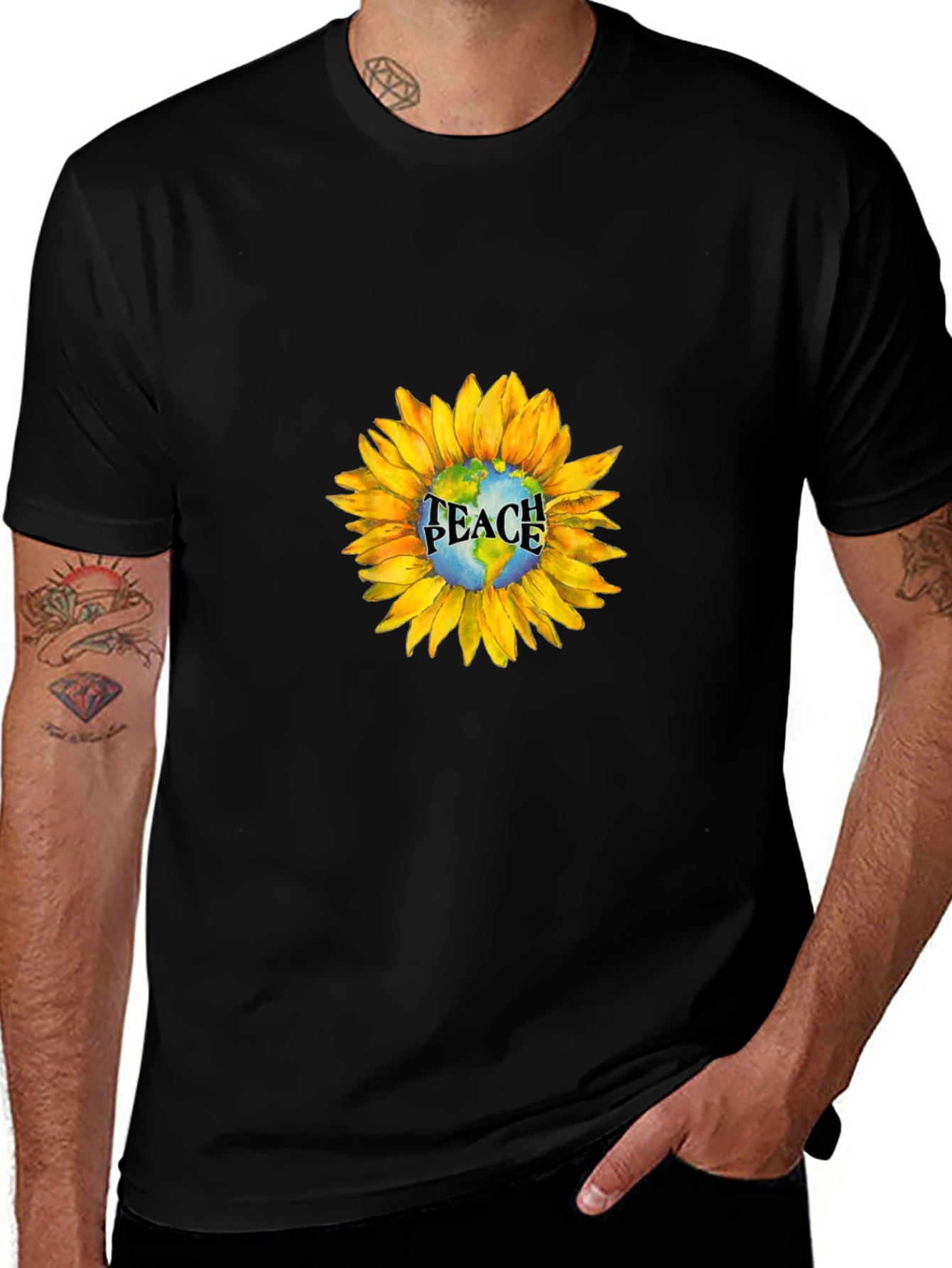 Peace Earth Sunflower Graphic Tee - Black