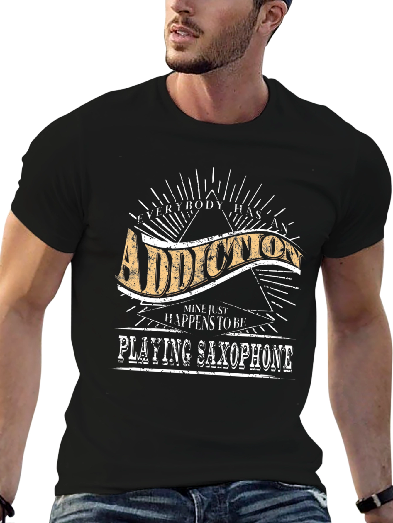 Addiction Saxophone Player T-Shirt - Soft Black Tee
