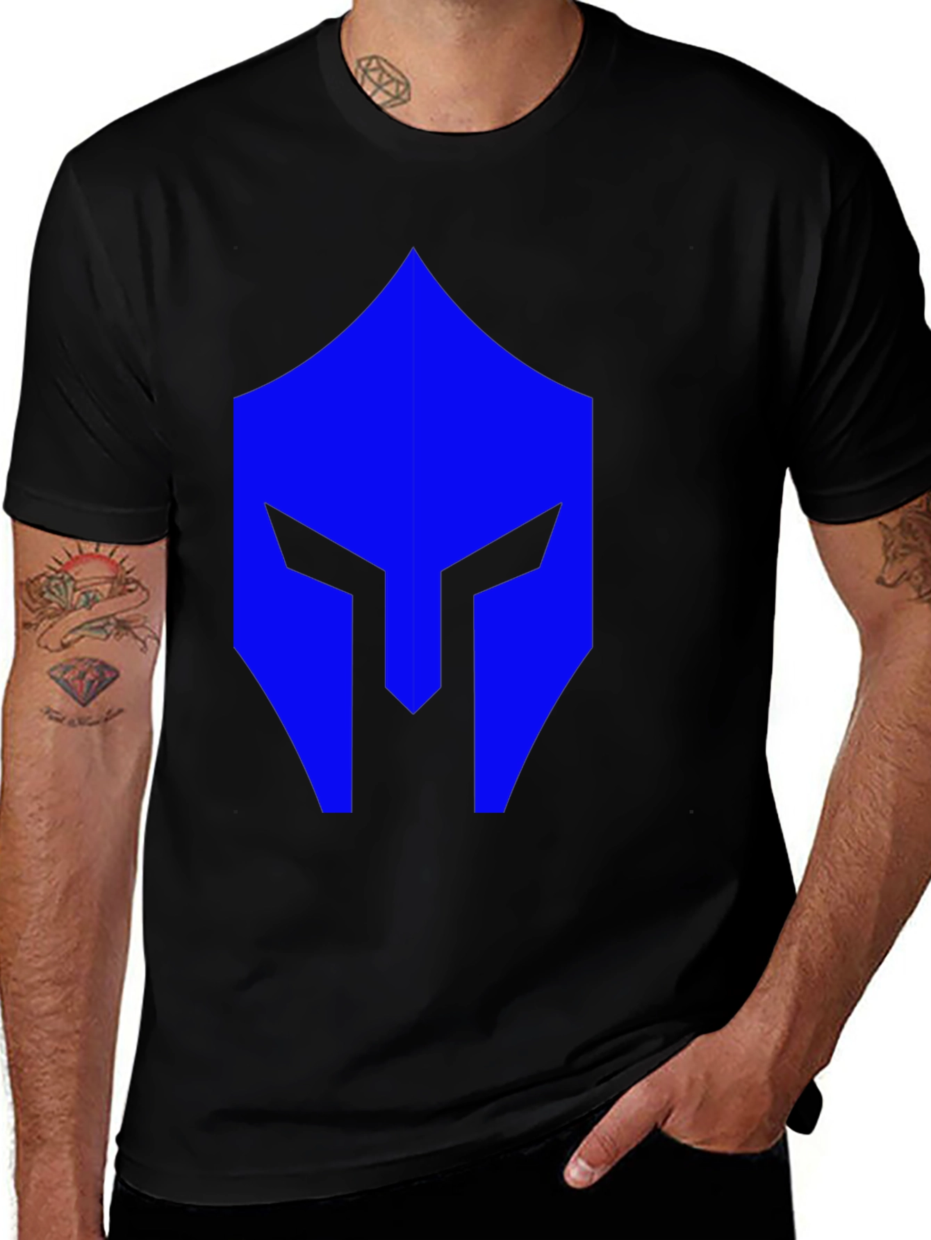 Blue Spartan Helmet Graphic Black T-Shirt