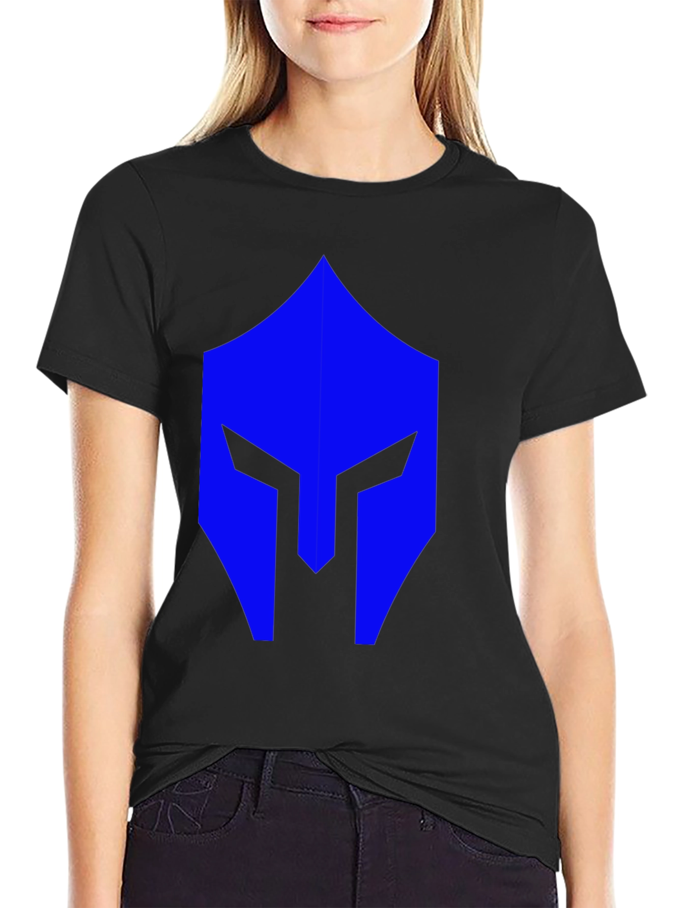 Blue Spartan Helmet Graphic Black T-Shirt