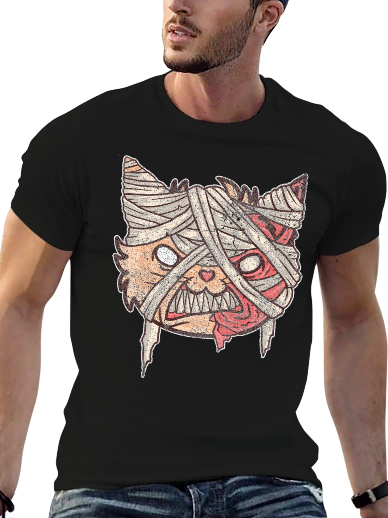 Mummy Cat Graphic Tee - Halloween Style