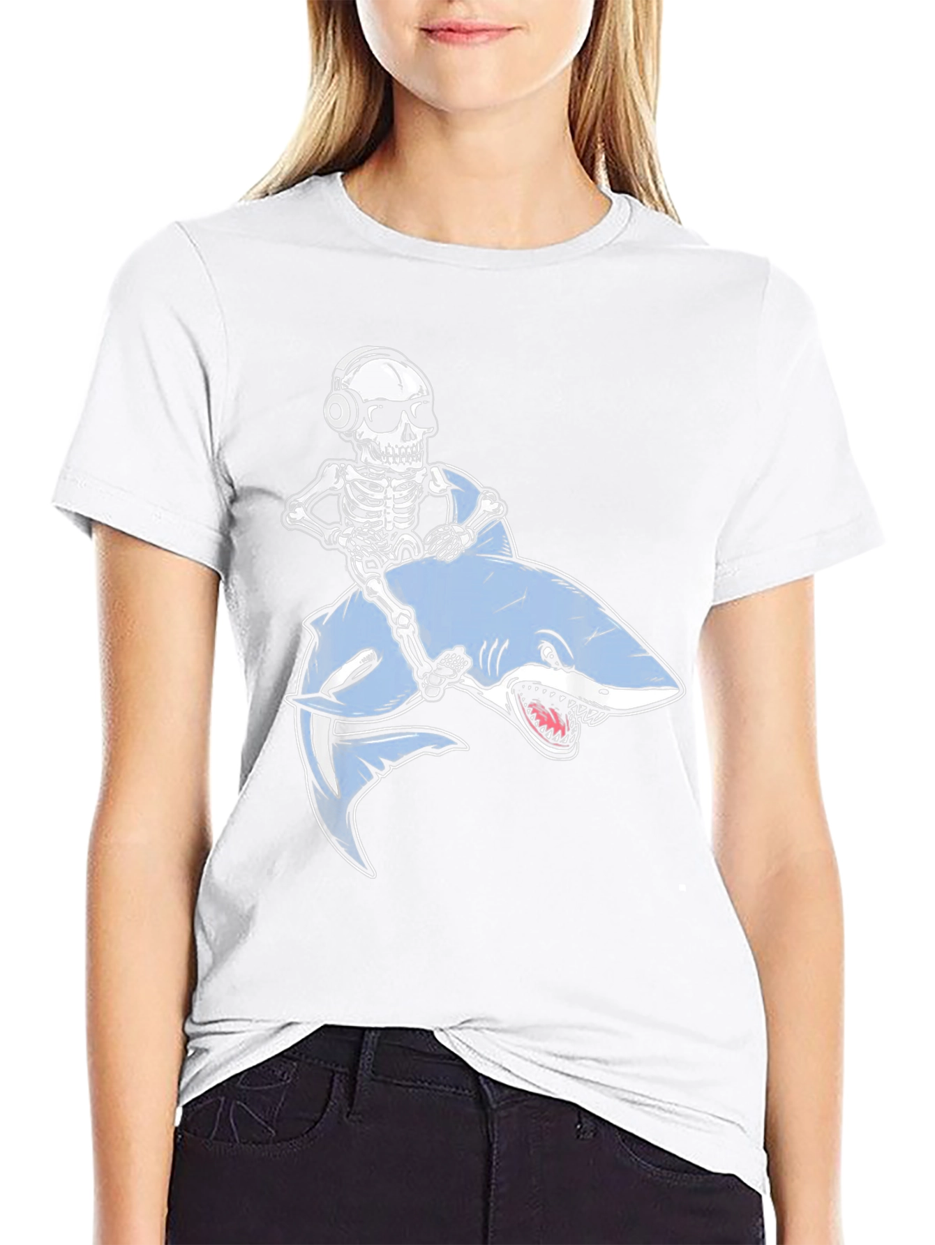 Skeleton Riding Shark Graphic T-Shirt