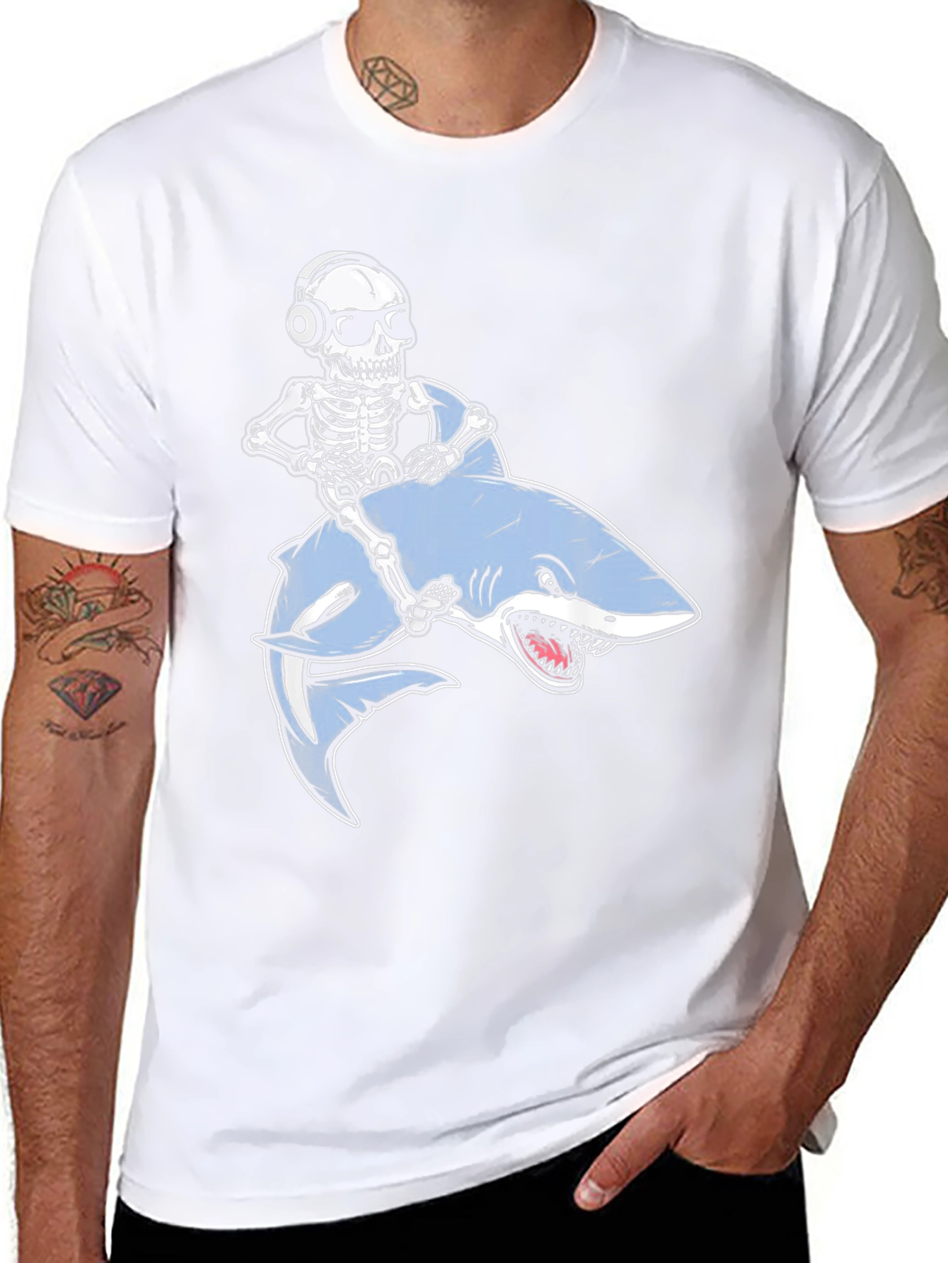 Skeleton Riding Shark Graphic T-Shirt