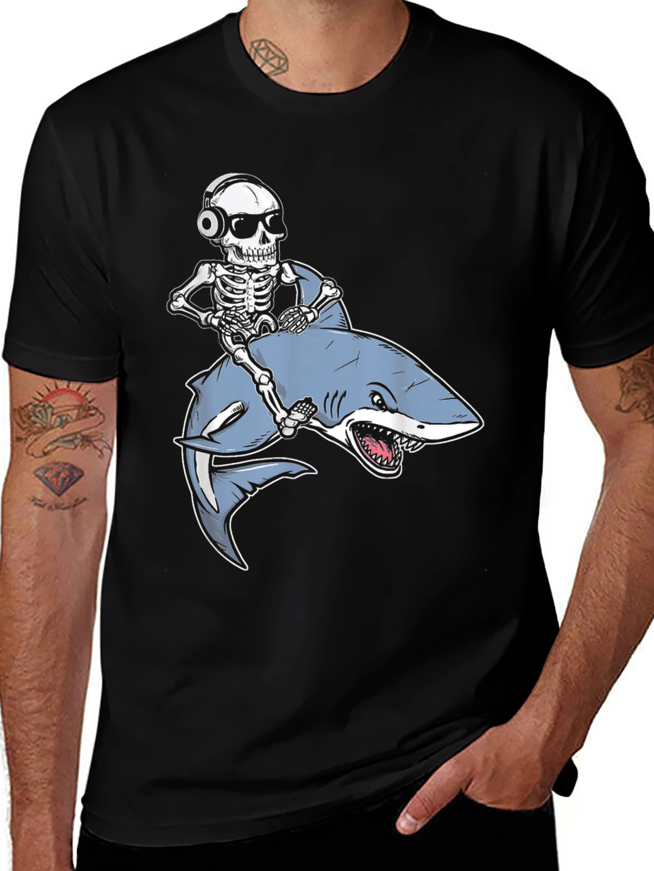 Skeleton Riding Shark Graphic T-Shirt