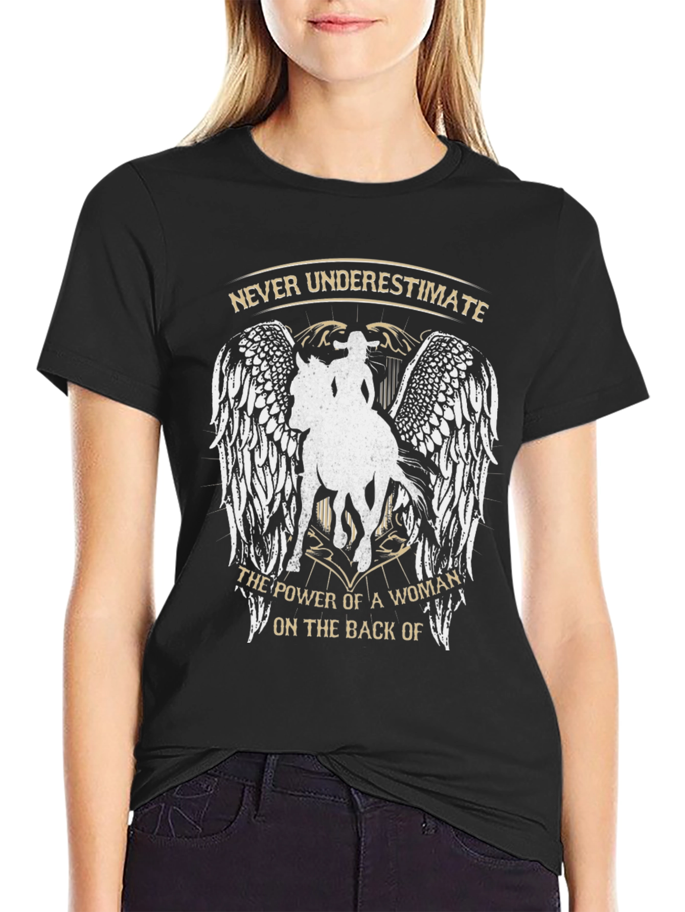 Never Underestimate Woman on Horseback Graphic Tee