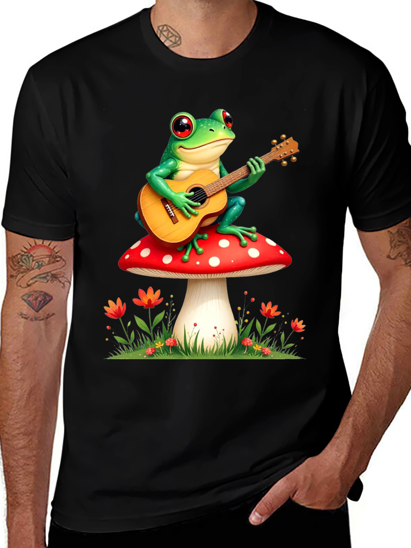 Frog Playing Guitar Mushroom T-Shirt