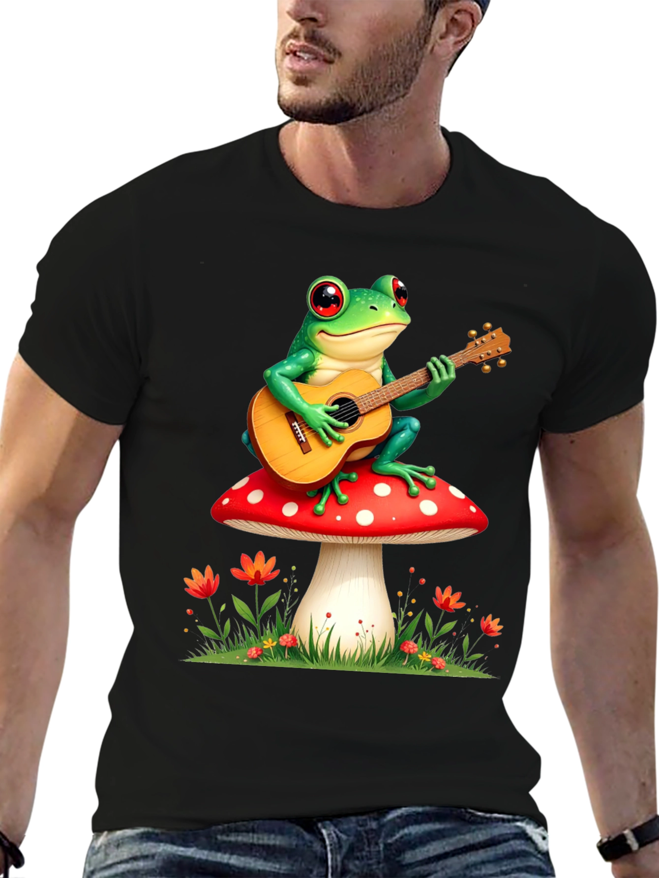 Frog Playing Guitar Mushroom T-Shirt