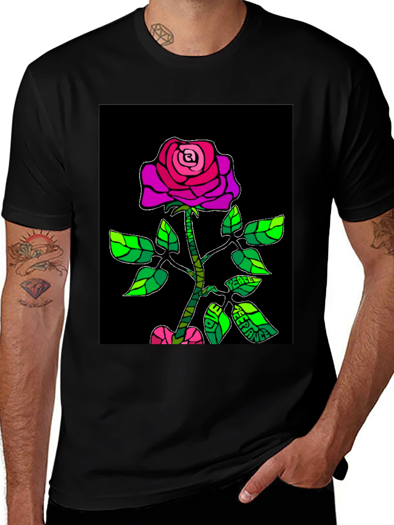 Peace Rose Graphic T-Shirt - Black Cotton Blend