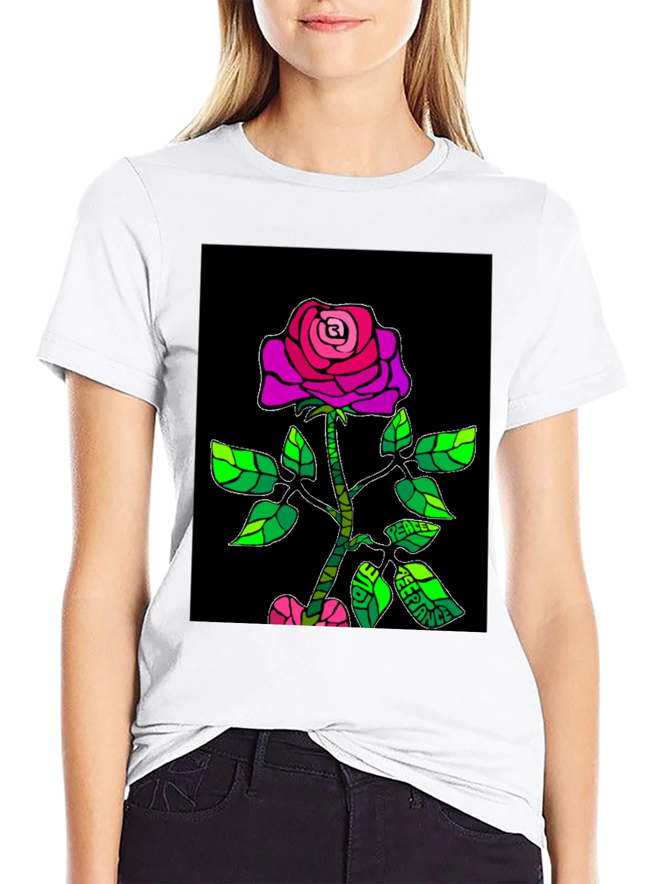 Peace Rose Graphic T-Shirt - Black Cotton Blend