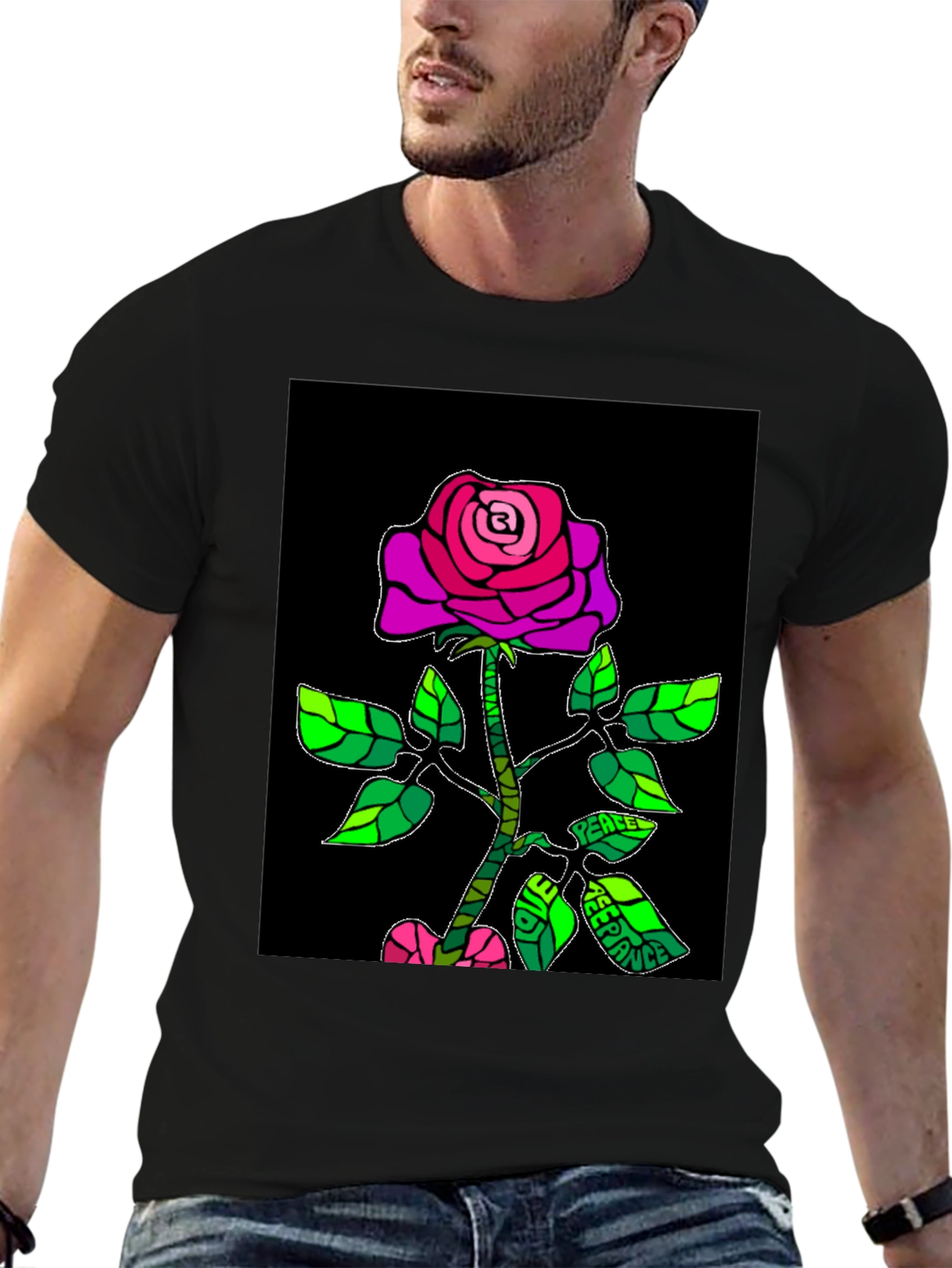 Peace Rose Graphic T-Shirt - Black Cotton Blend