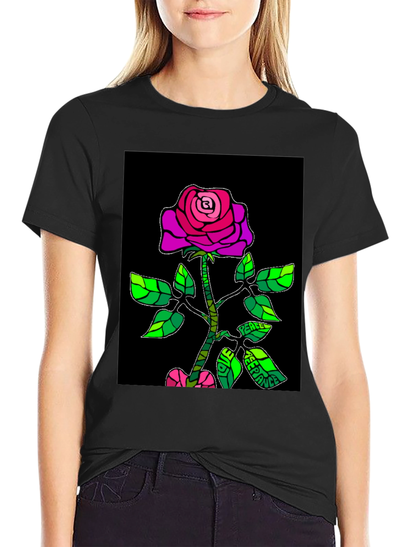 Peace Rose Graphic T-Shirt - Black Cotton Blend