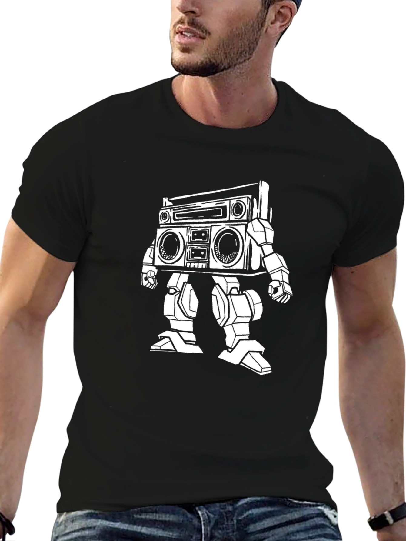 Retro Robot Boombox T-Shirt - Black Cotton Tee