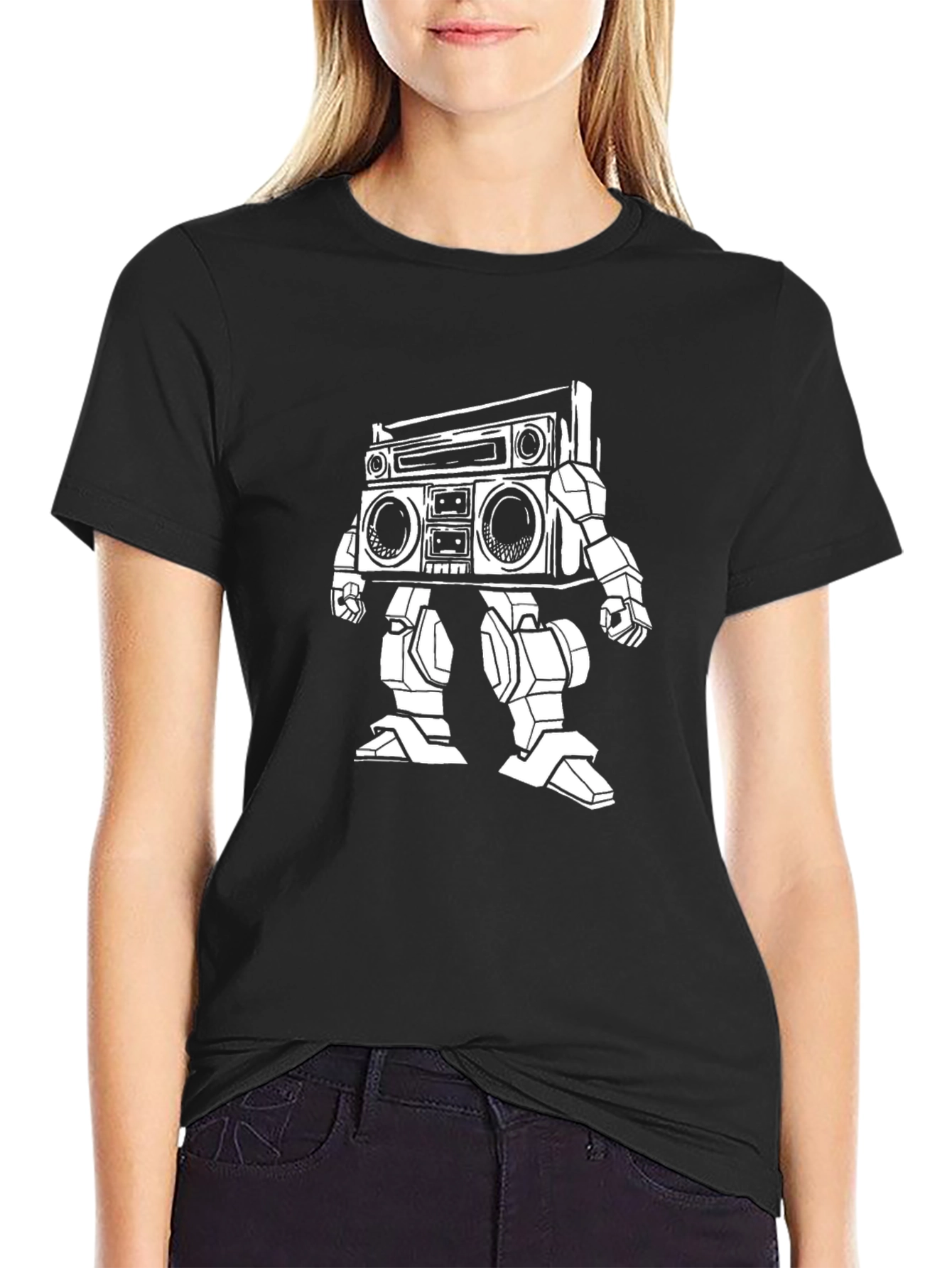 Retro Robot Boombox T-Shirt - Black Cotton Tee