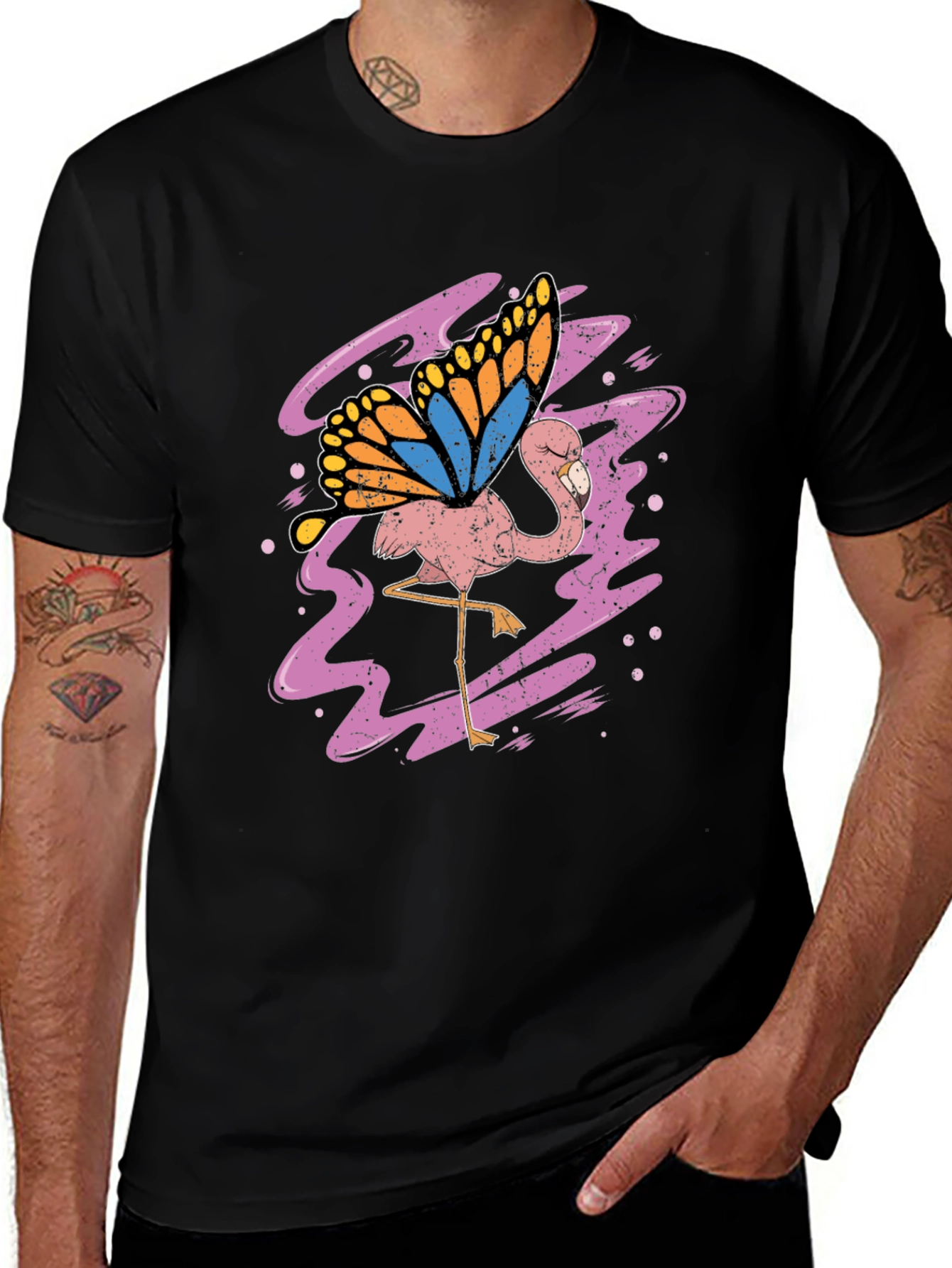 Flamingo Butterfly Graphic Tee - Black Cotton Shirt