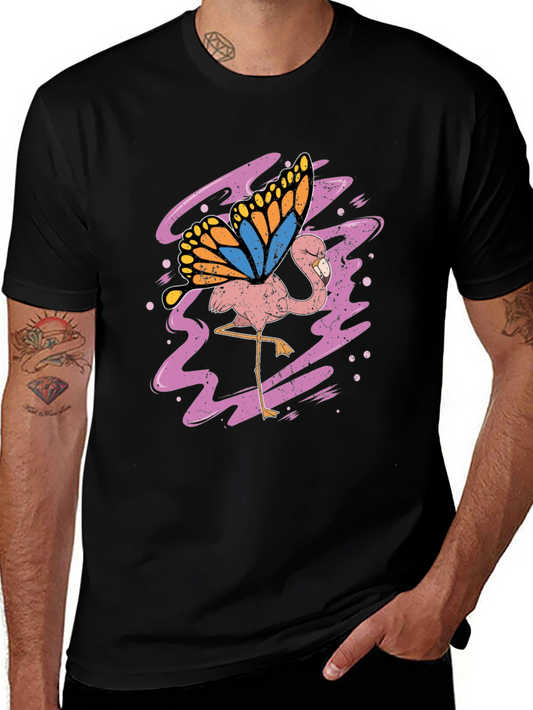 Flamingo Butterfly Graphic Tee - Black Cotton Shirt