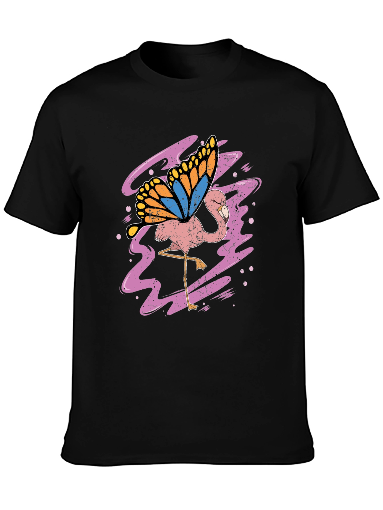 Flamingo Butterfly Graphic Tee - Black Cotton Shirt
