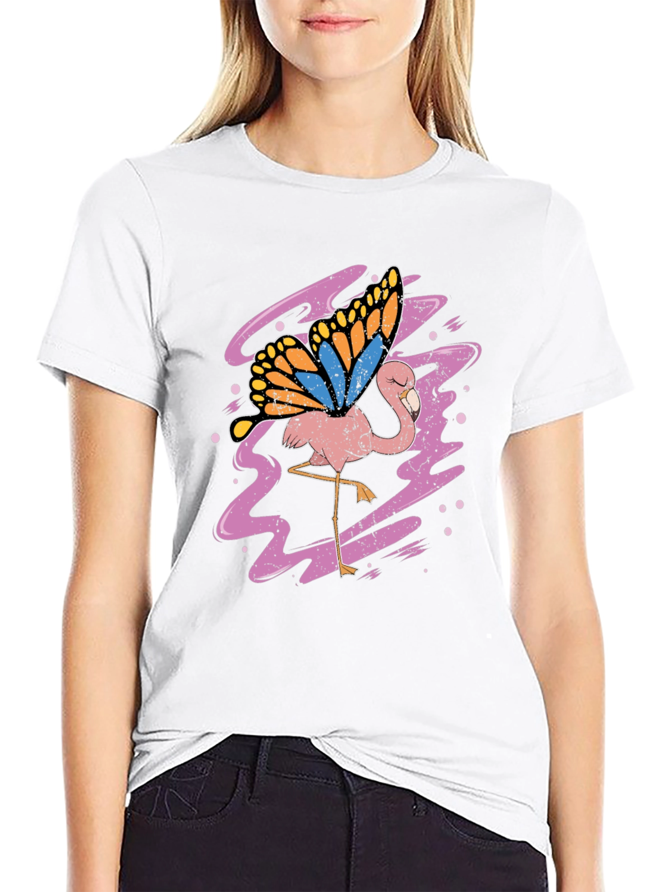 Flamingo Butterfly Graphic Tee - Black Cotton Shirt