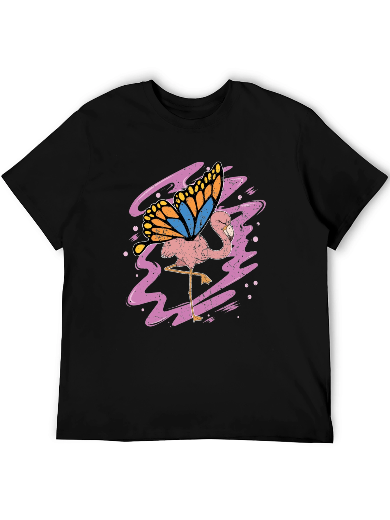 Flamingo Butterfly Graphic Tee - Black Cotton Shirt