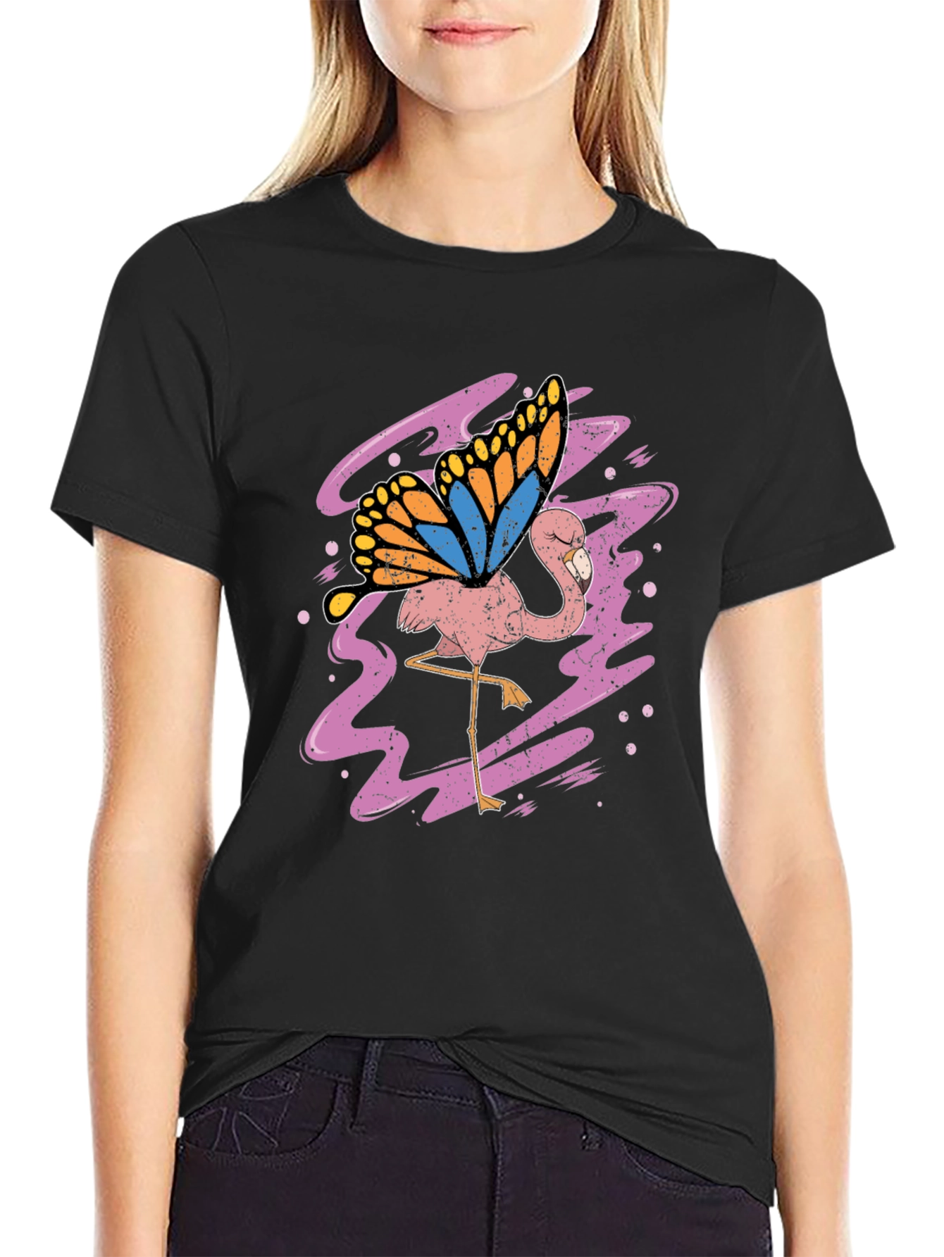 Flamingo Butterfly Graphic Tee - Black Cotton Shirt