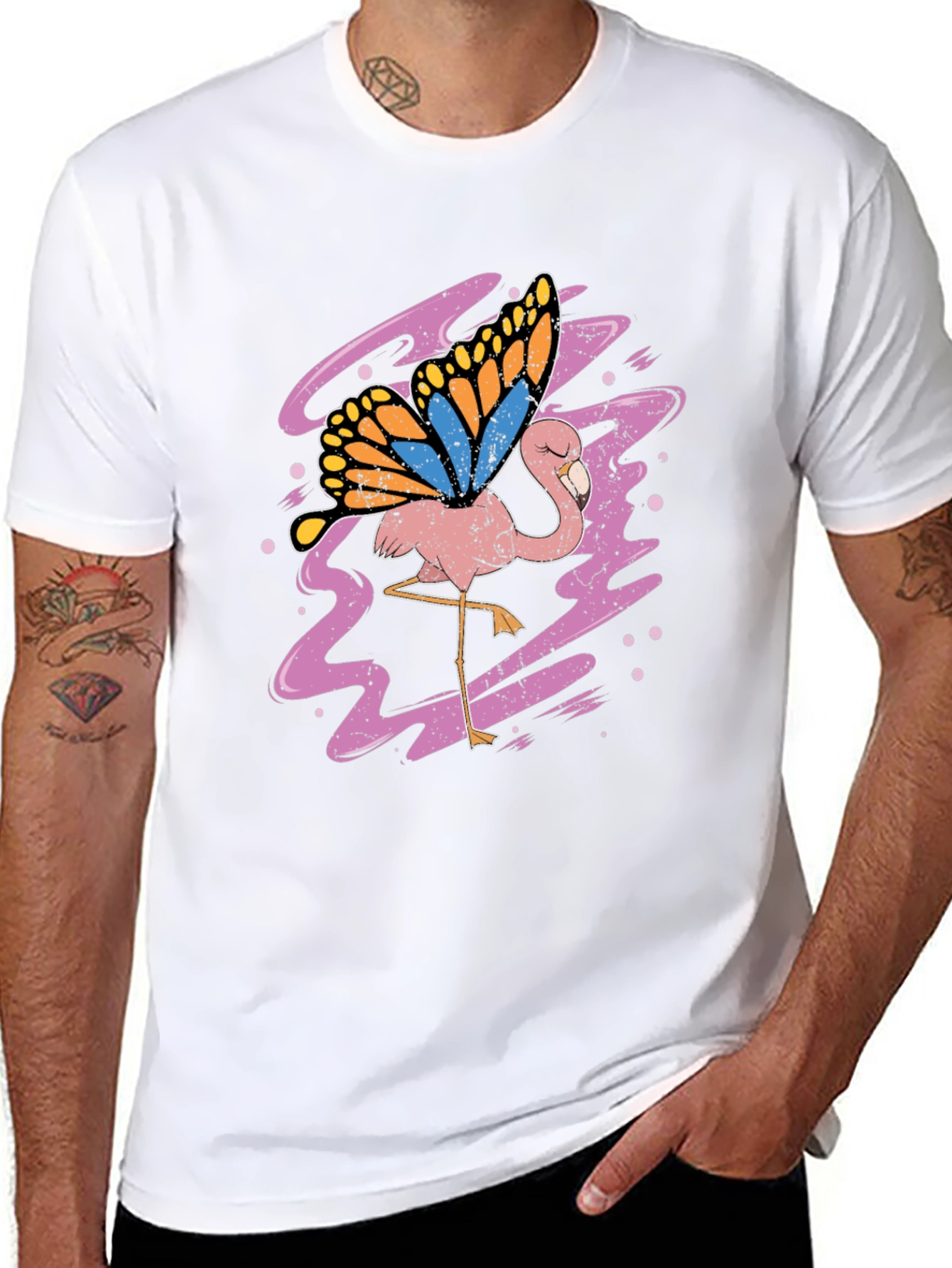 Flamingo Butterfly Graphic Tee - Black Cotton Shirt