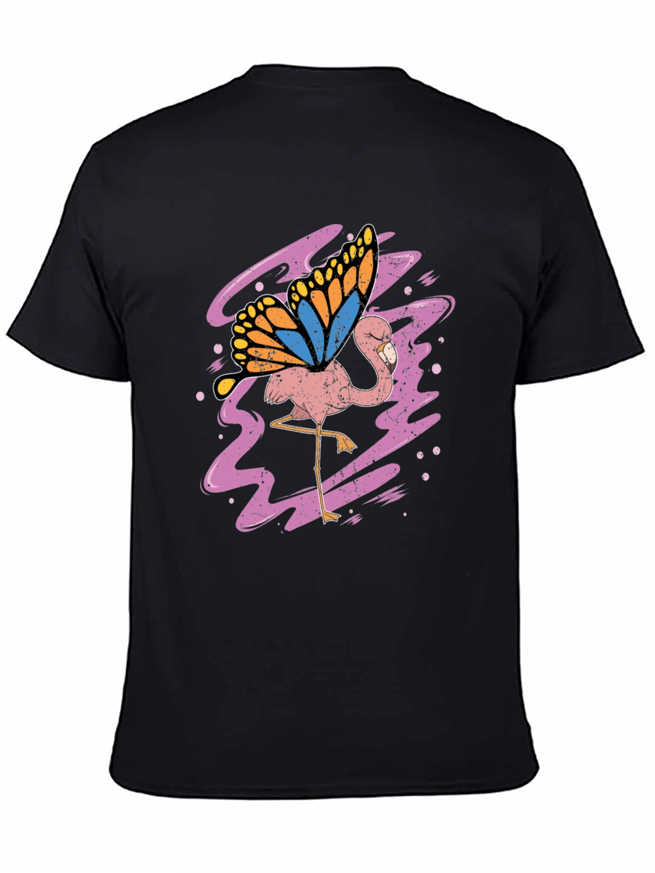 Flamingo Butterfly Graphic Tee - Black Cotton Shirt