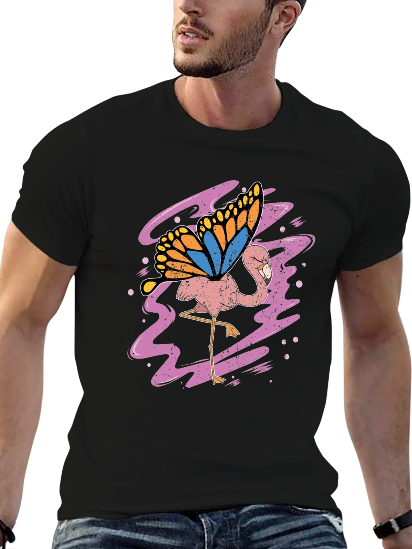 Flamingo Butterfly Graphic Tee - Black Cotton Shirt