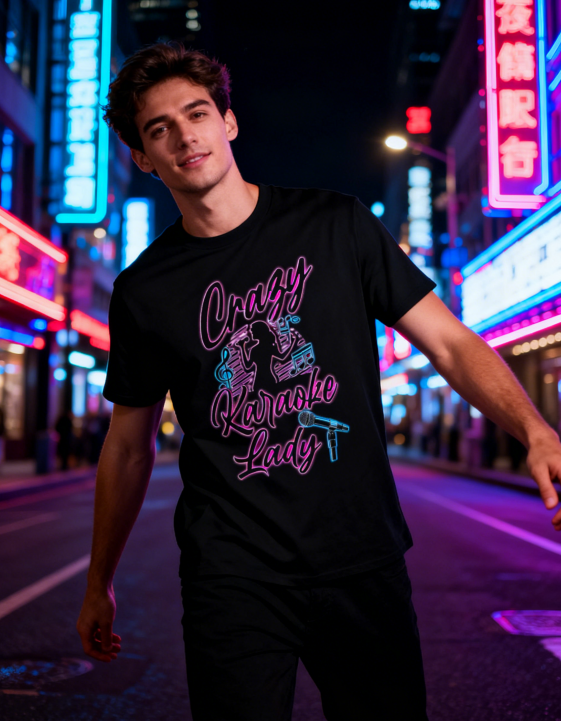 Crazy Karaoke Lady Neon Graphic T-Shirt - Karaoke Lover Casual Comfort Tee