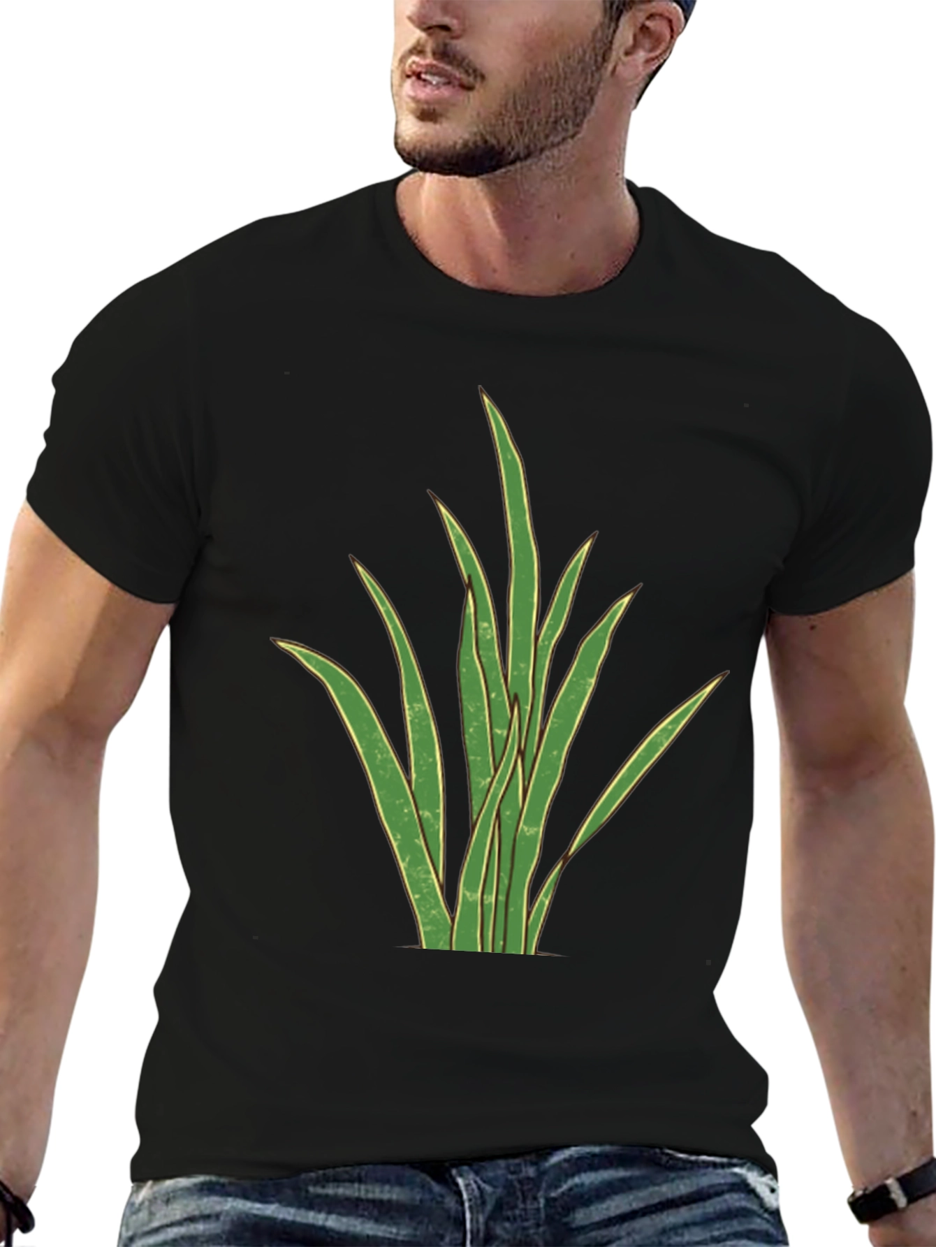 Mens Black T-Shirt with Graphic Plant Design