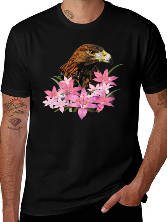 Eagle and Floral Print Black T-Shirt
