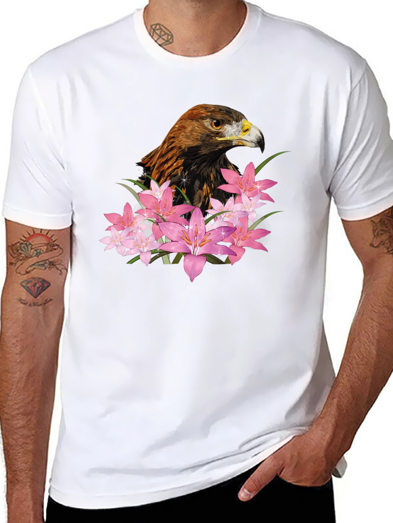 Eagle and Floral Print Black T-Shirt