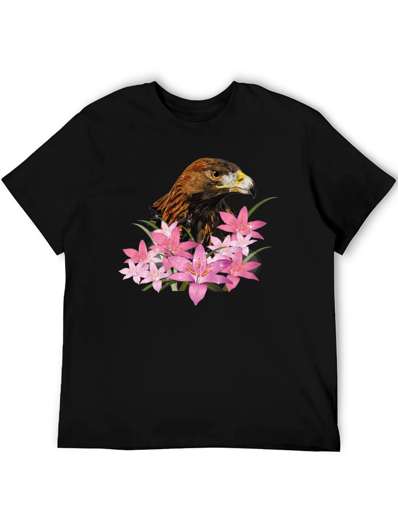 Eagle and Floral Print Black T-Shirt