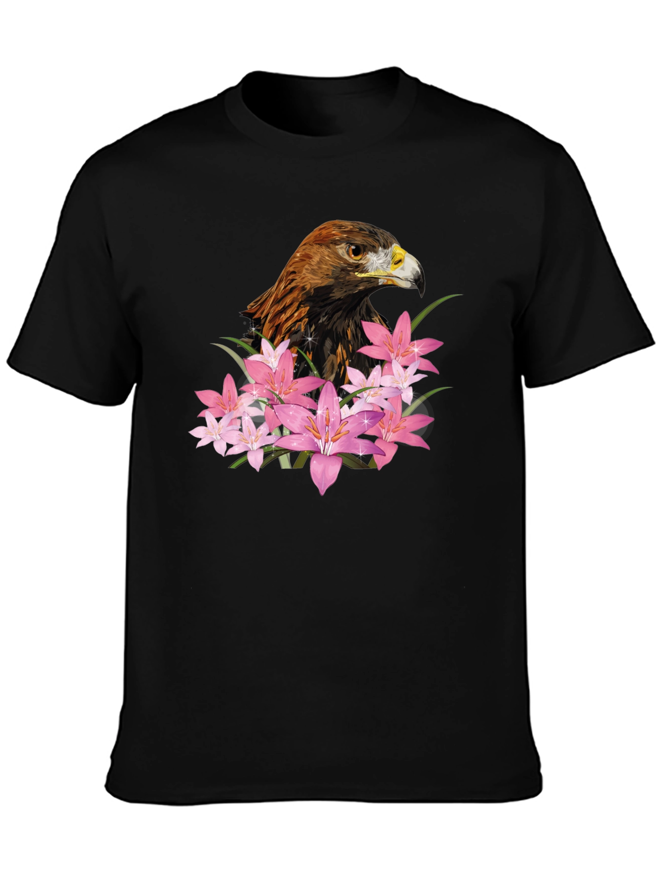 Eagle and Floral Print Black T-Shirt