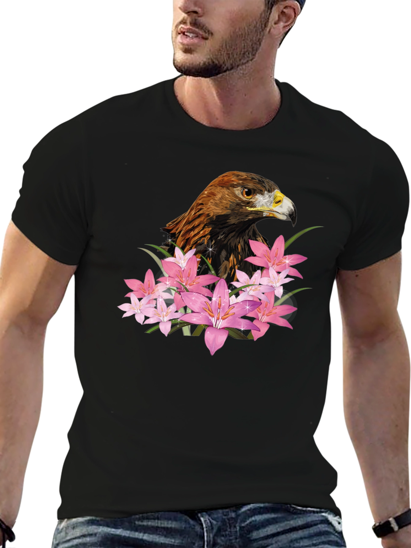 Eagle and Floral Print Black T-Shirt