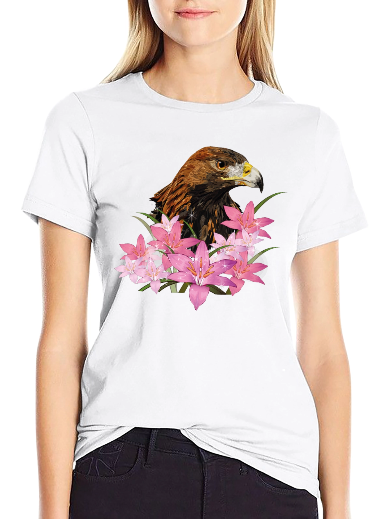 Eagle and Floral Print Black T-Shirt