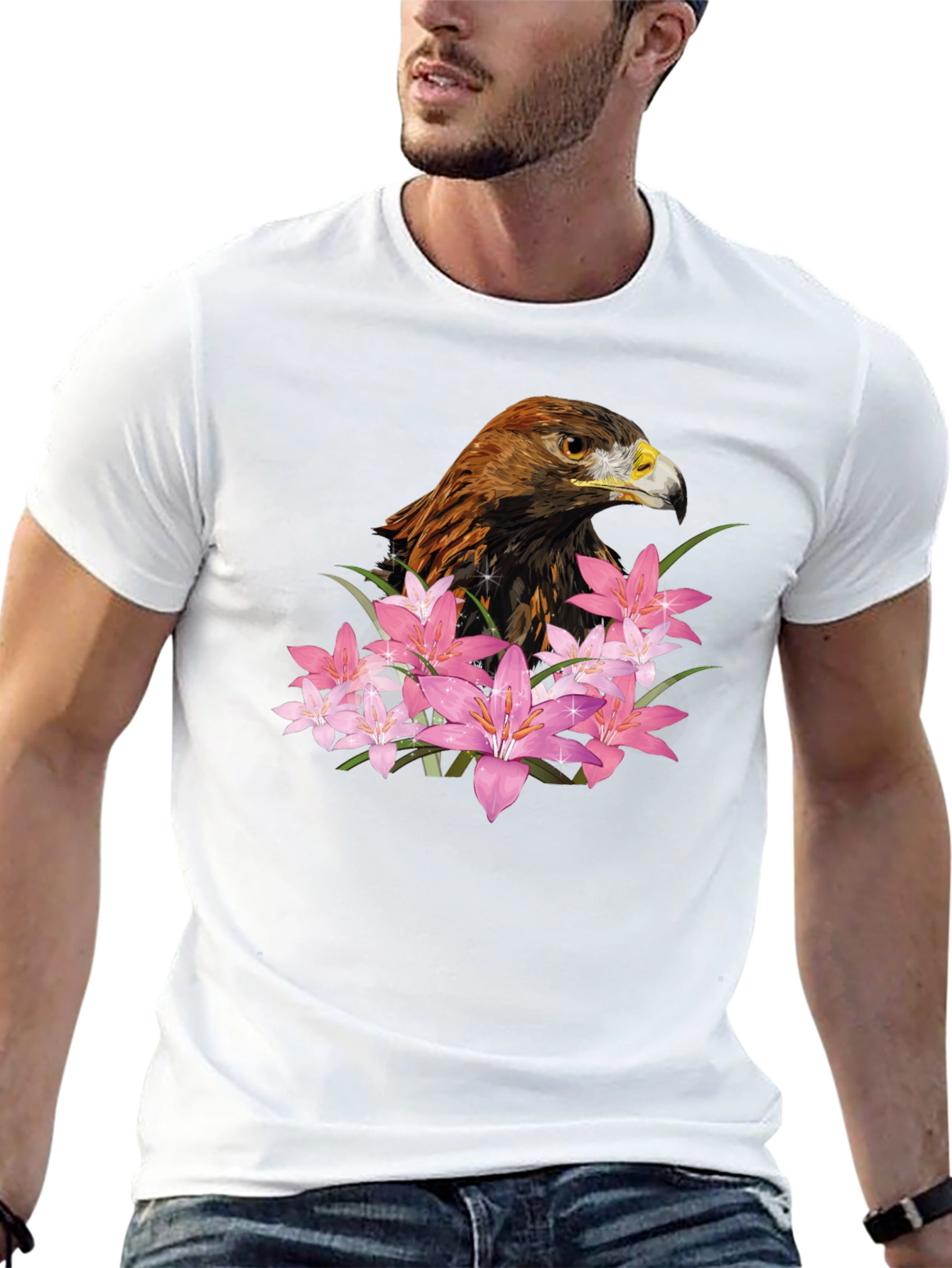 Eagle and Floral Print Black T-Shirt
