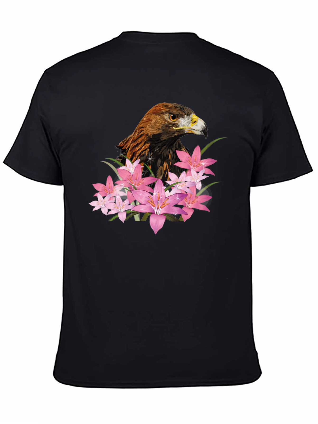 Eagle and Floral Print Black T-Shirt