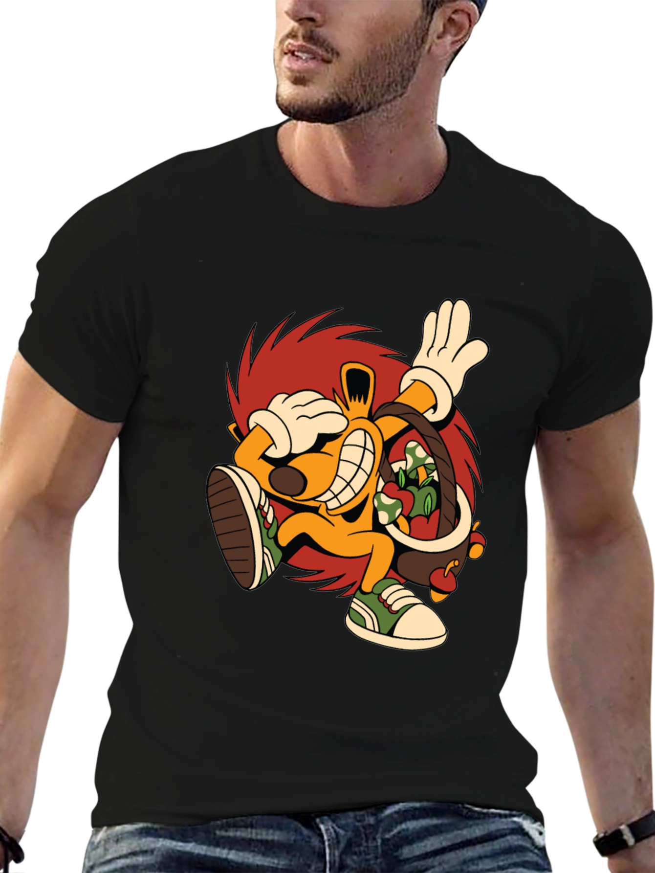 Cartoon Graphic Tee - Black Cotton Casual T-Shirt