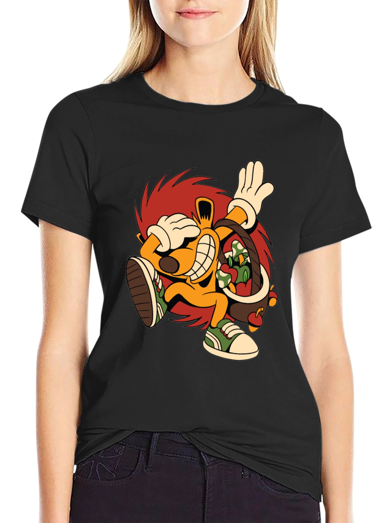 Cartoon Graphic Tee - Black Cotton Casual T-Shirt