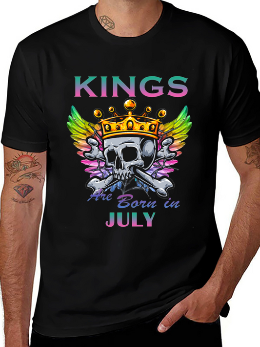 Kings Are Born in July T-Shirt - Skull Crown Design