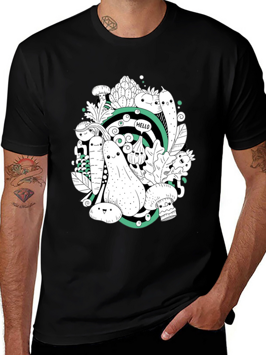 Vegetable Cartoon Graphic Print Black T-Shirt