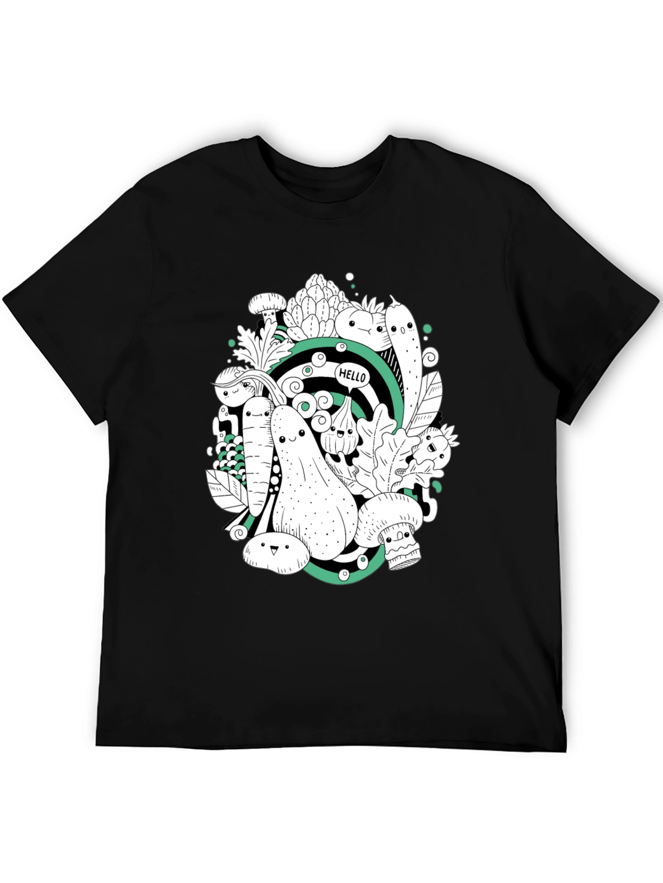 Vegetable Cartoon Graphic Print Black T-Shirt
